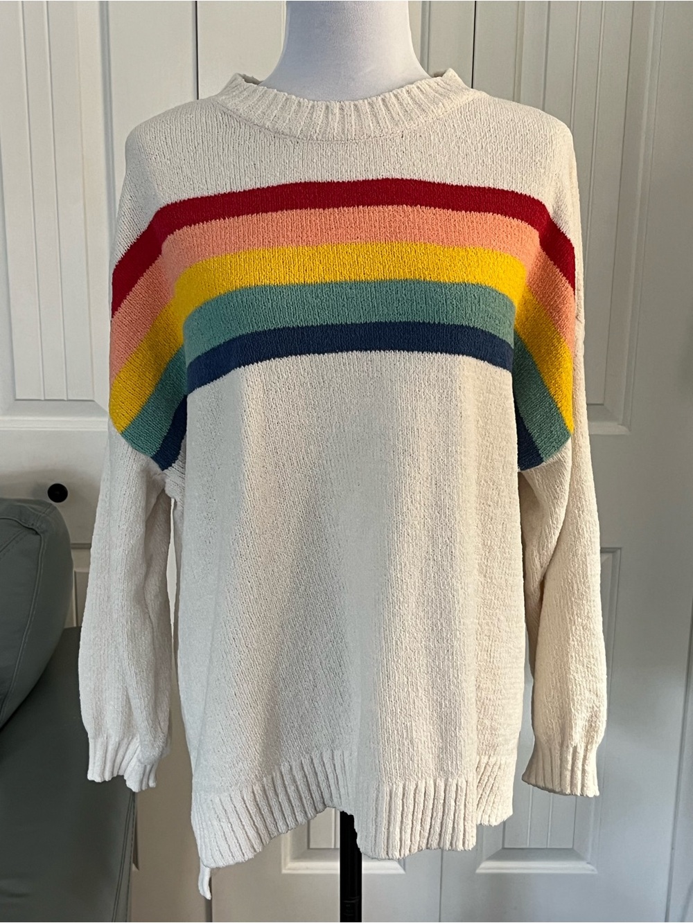American Eagle, Cream Crewneck Sweater with Rainbow Stripes. Size Medium
